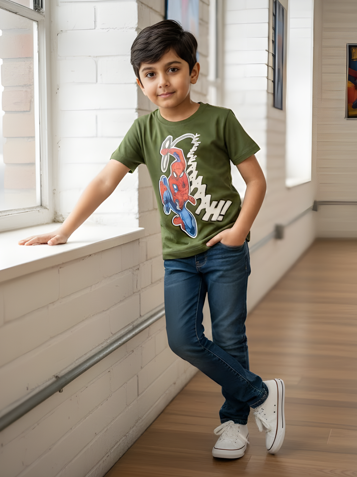 Boys' "Web-Action" Graphic Tee - Olive Green
