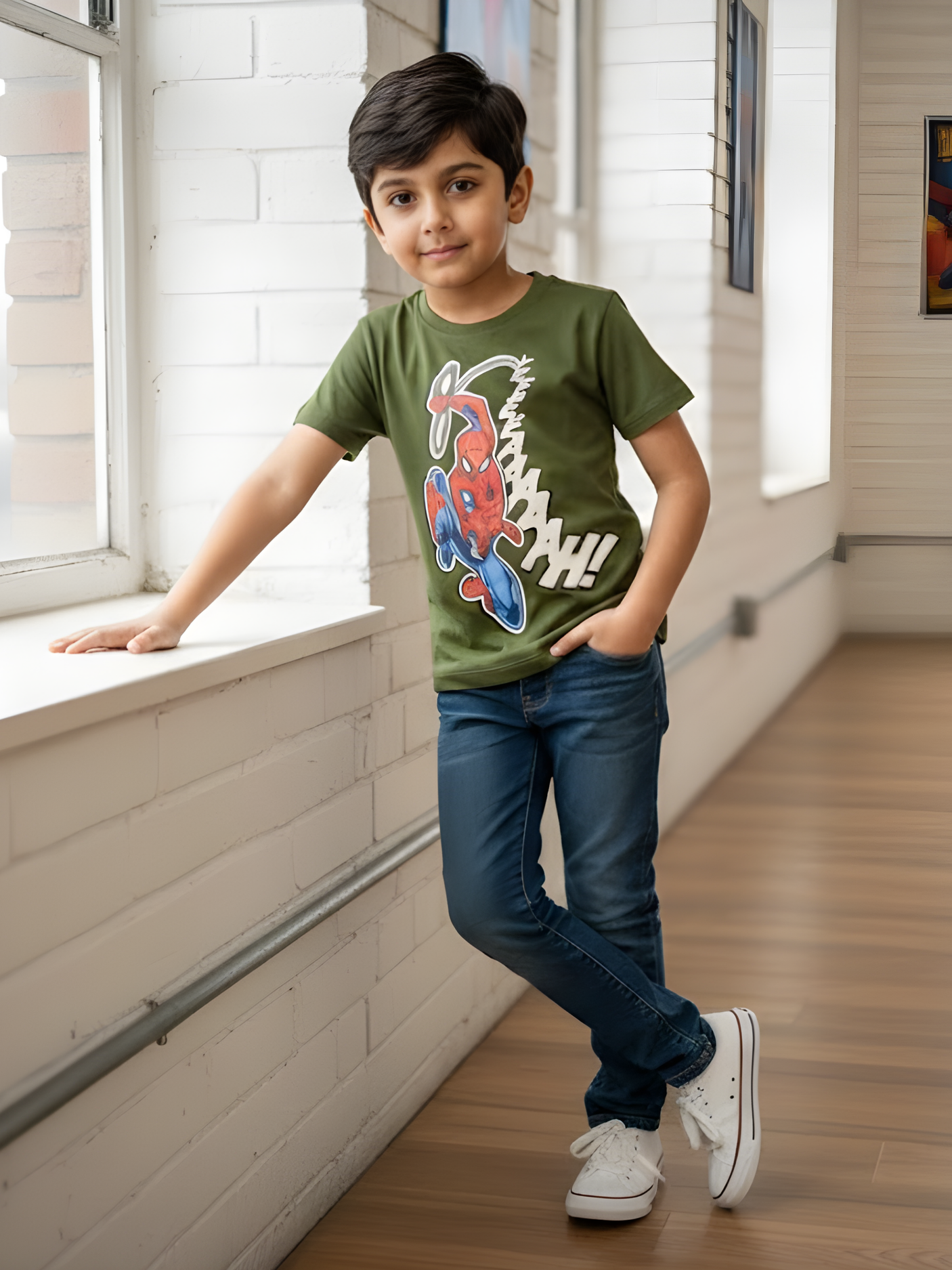 Boys' "Web-Action" Graphic Tee - Olive Green