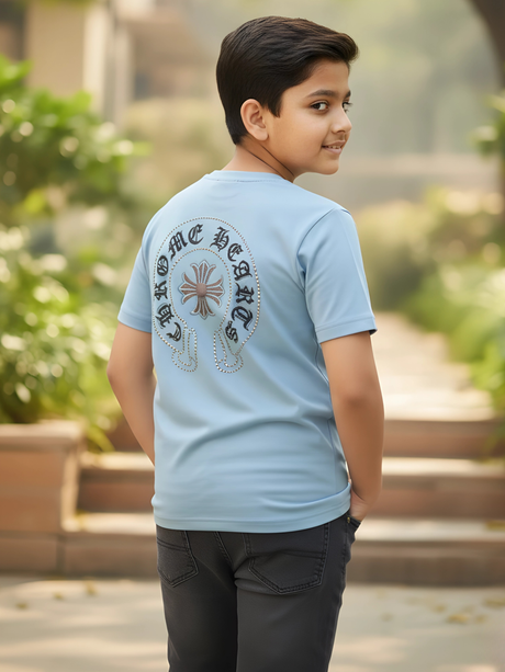 Kids' Cross Logo Streetwear T-Shirt - Light Blue Short Sleeve Tee.