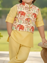Boys Yellow Kurta Set with Elephant Print Nehru Jacket