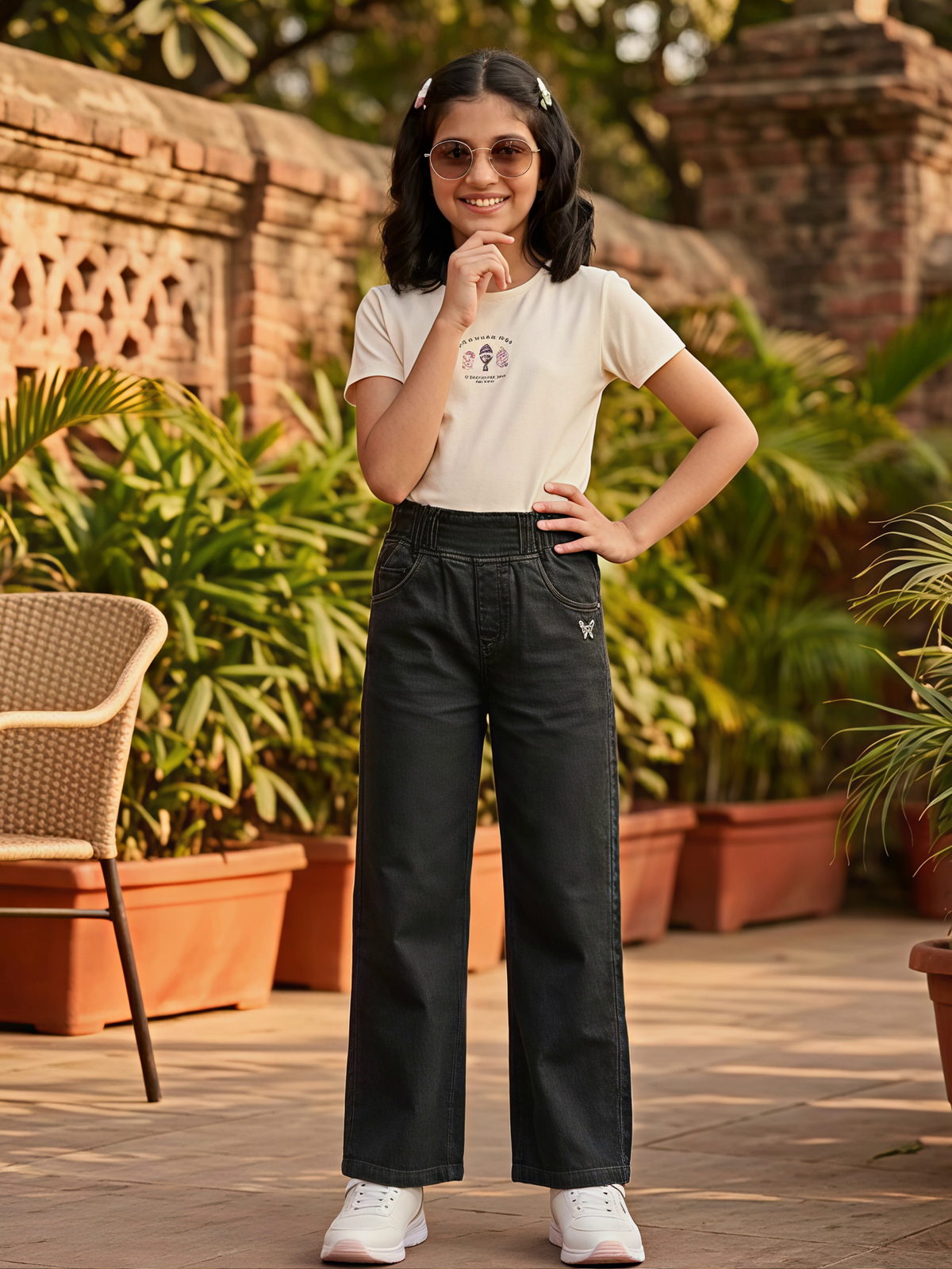 Girls' Trendy Wide-Leg Black Denim Pants