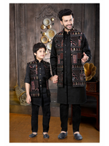 Boys Traditional Printed Chuddidar Kurta with Koti - Black