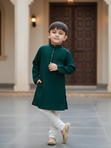 Boys' Bottle Green Kurta Pajama Set with Gold Neck Embroidery
