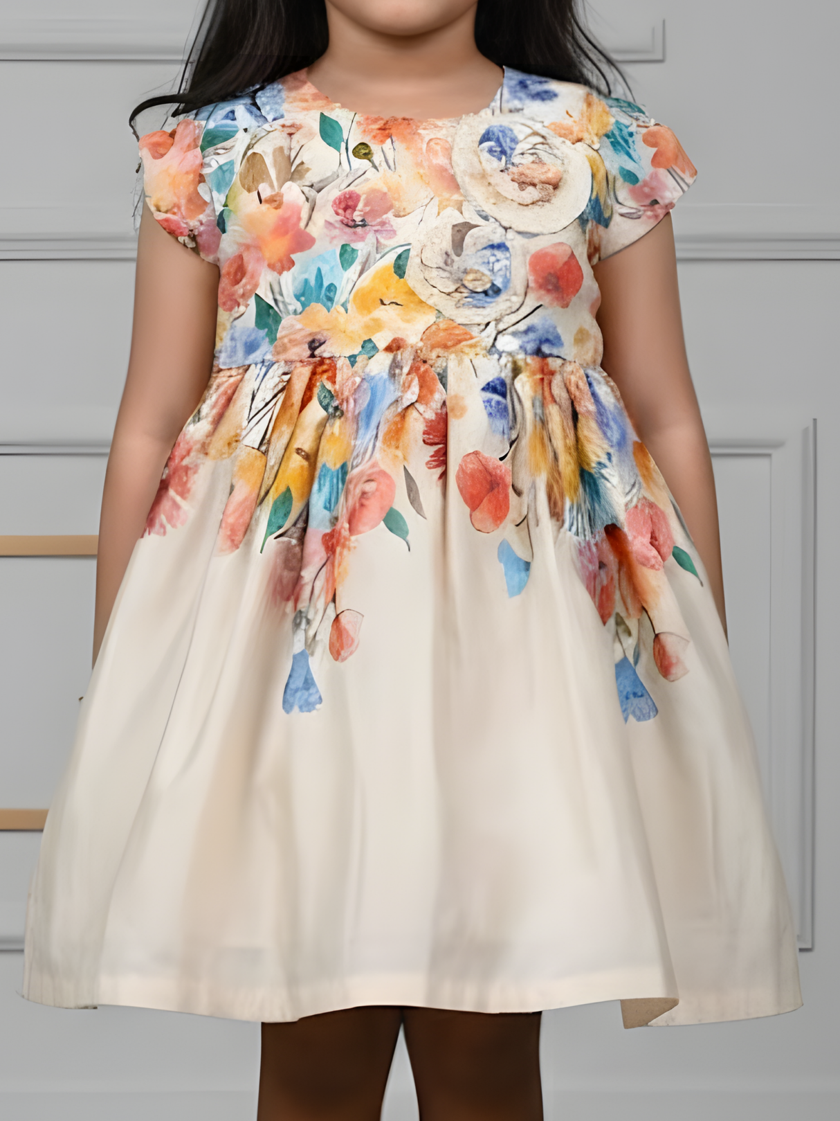Girls Cream Floral Print A-Line Frock with Rosette Detail