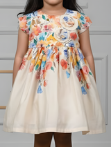 Girls Cream Floral Print A-Line Frock with Rosette Detail