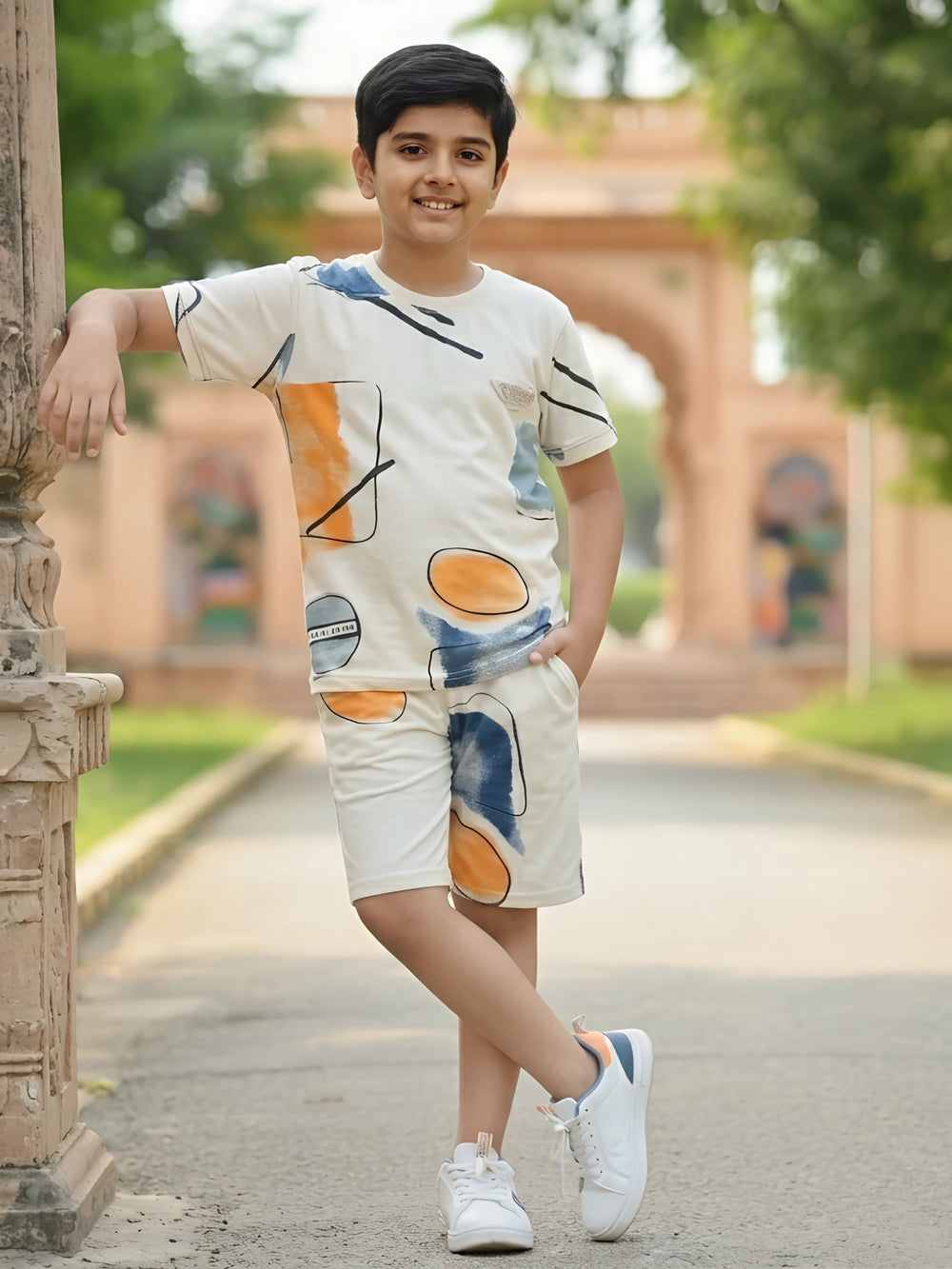 Boys Abstract Print Premium Cream Cotton Relaxed Fit Coordinate Set