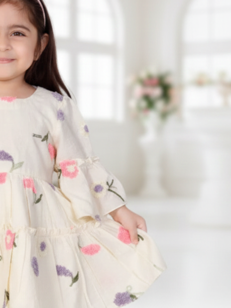 Boho Chic Cream Frock with Vibrant Floral Embroidery & Bell Sleeves