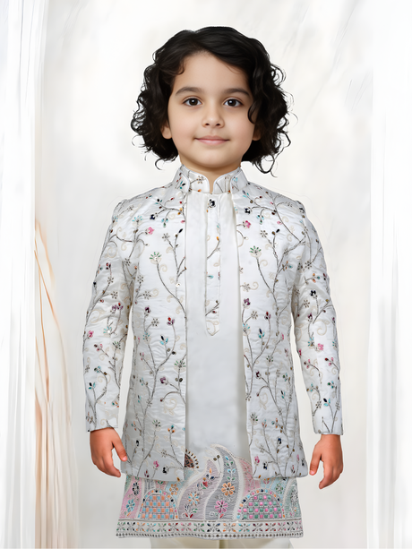 Cream Embroidered Kurta Set with Floral Jacket for Boys