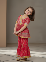 Girls' Festive Fuchsia Pink Print Angrakha Kurti and Tiered Sharara Set