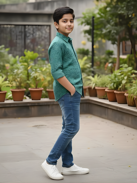 Boys Sea Green Floral Embroidered Party Wear Shirt