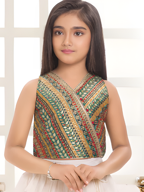 Girls' Festive White/Cream Skirt Set with Green and Gold Embroidered Choli Top