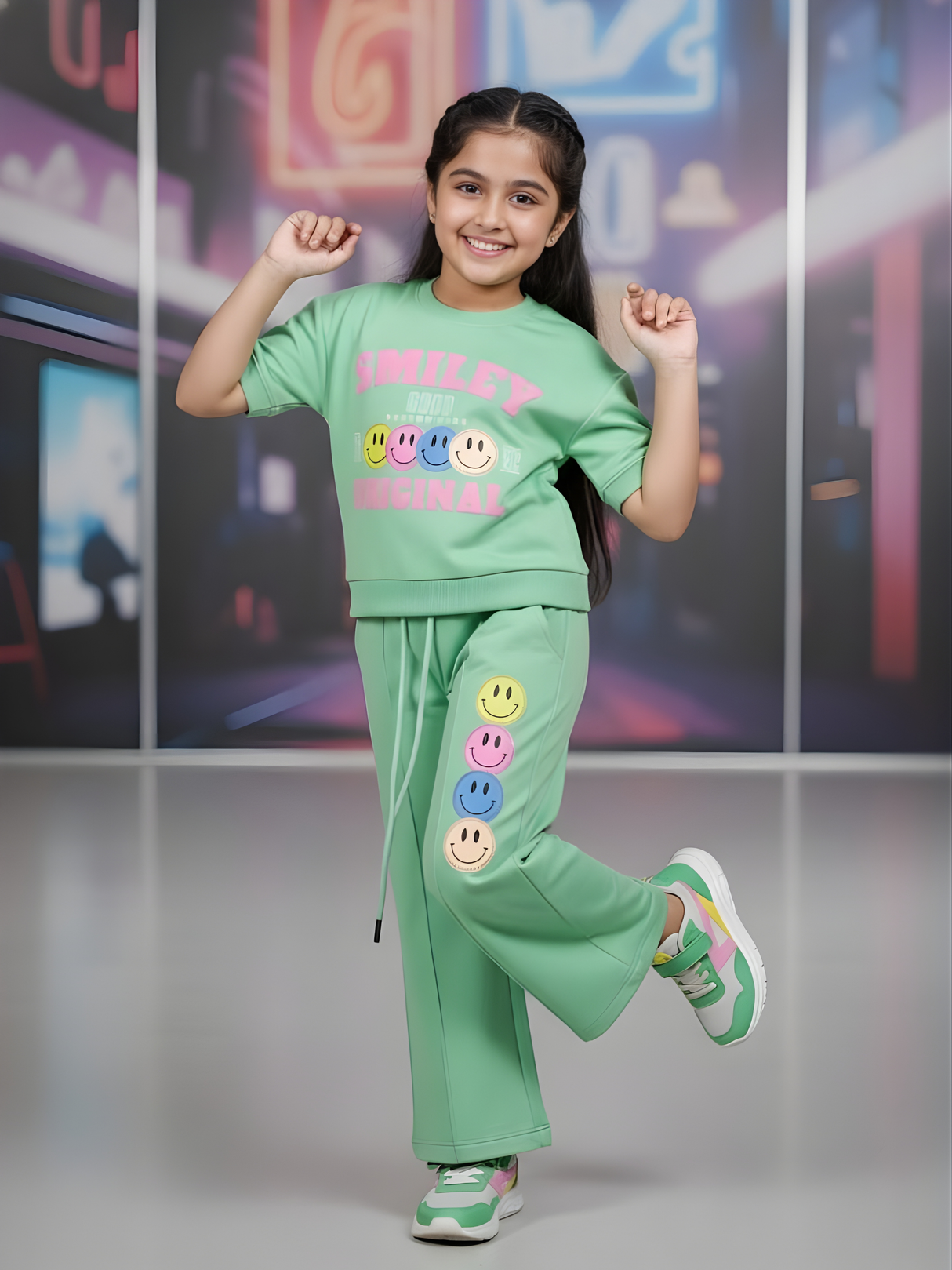 Girls Green Smiley Graphic Co-ord Set