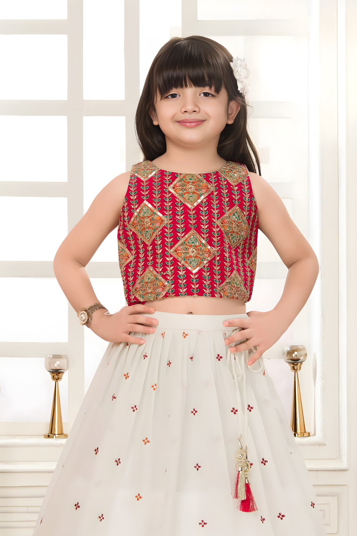 Ruby Red & Cream Embroidered Lehanga Choli Set for Girls