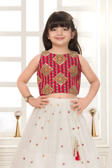Ruby Red & Cream Embroidered Lehanga Choli Set for Girls