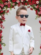 Boys' Classic White/Cream 3-Piece Suit with Maroon Accents.