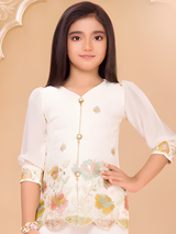 Girls Cream V-Neck Peplum Top with Floral Embroidery and Palazzo Set