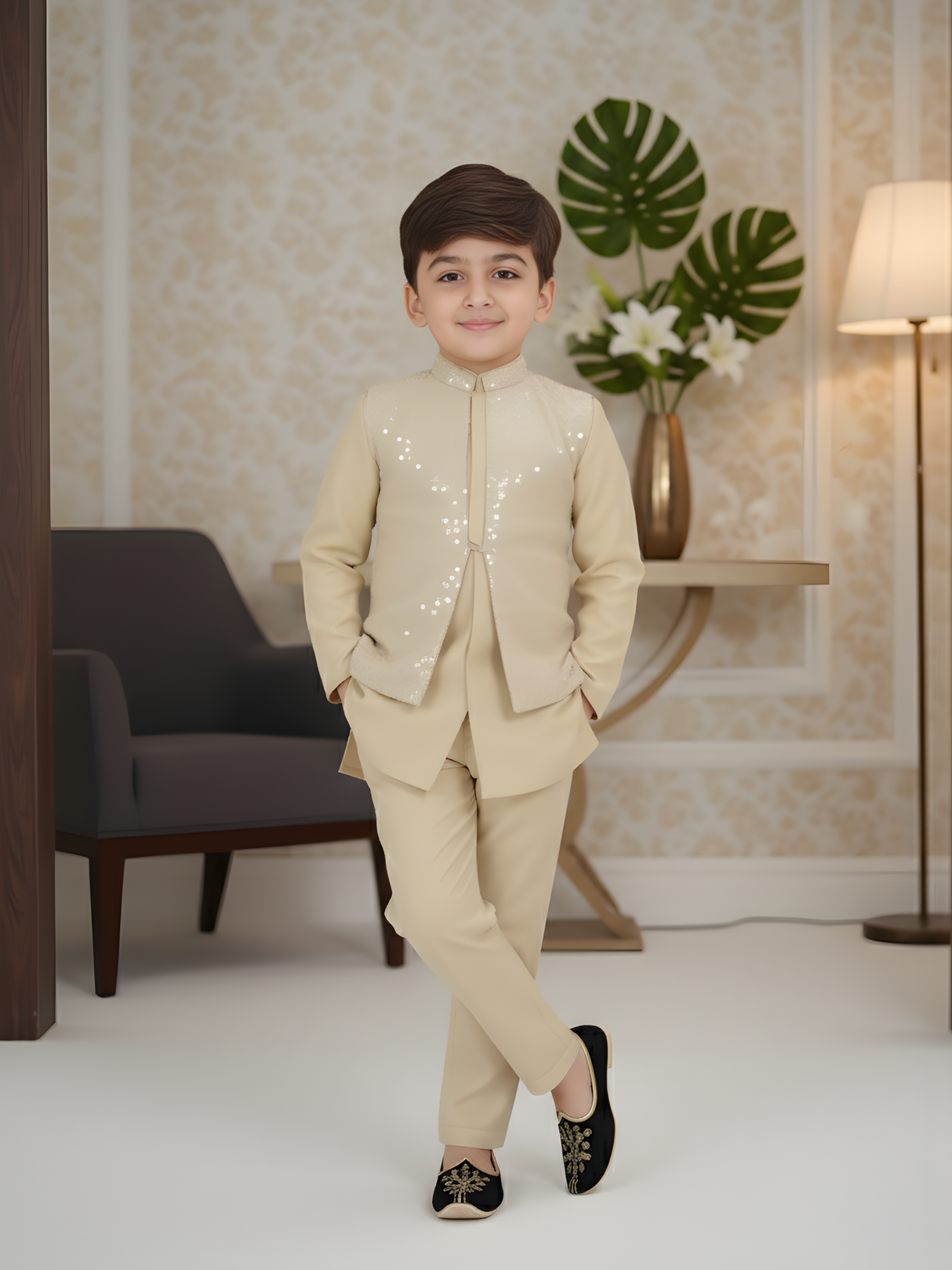 Boys' Fawn Beige Kurta Pajama Set with Embroidered Nehru Jacket