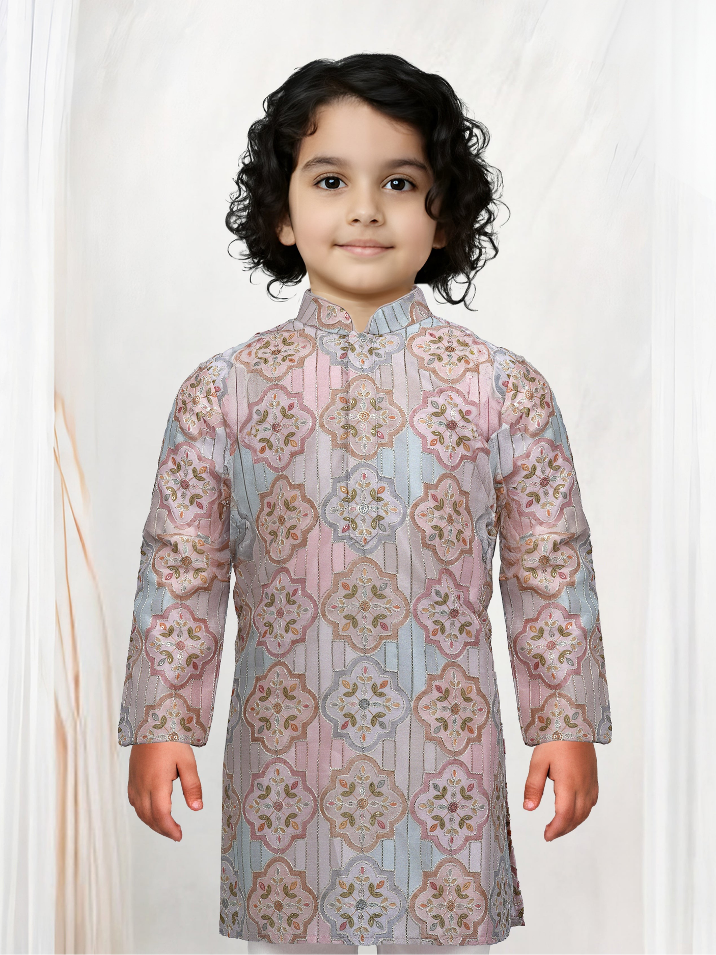 Cream Embroidered Kurta Set with Pastel Pattern for Boys
