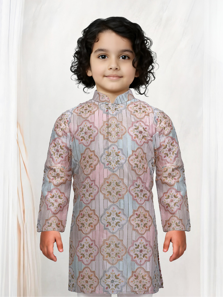 Cream Embroidered Kurta Set with Pastel Pattern for Boys