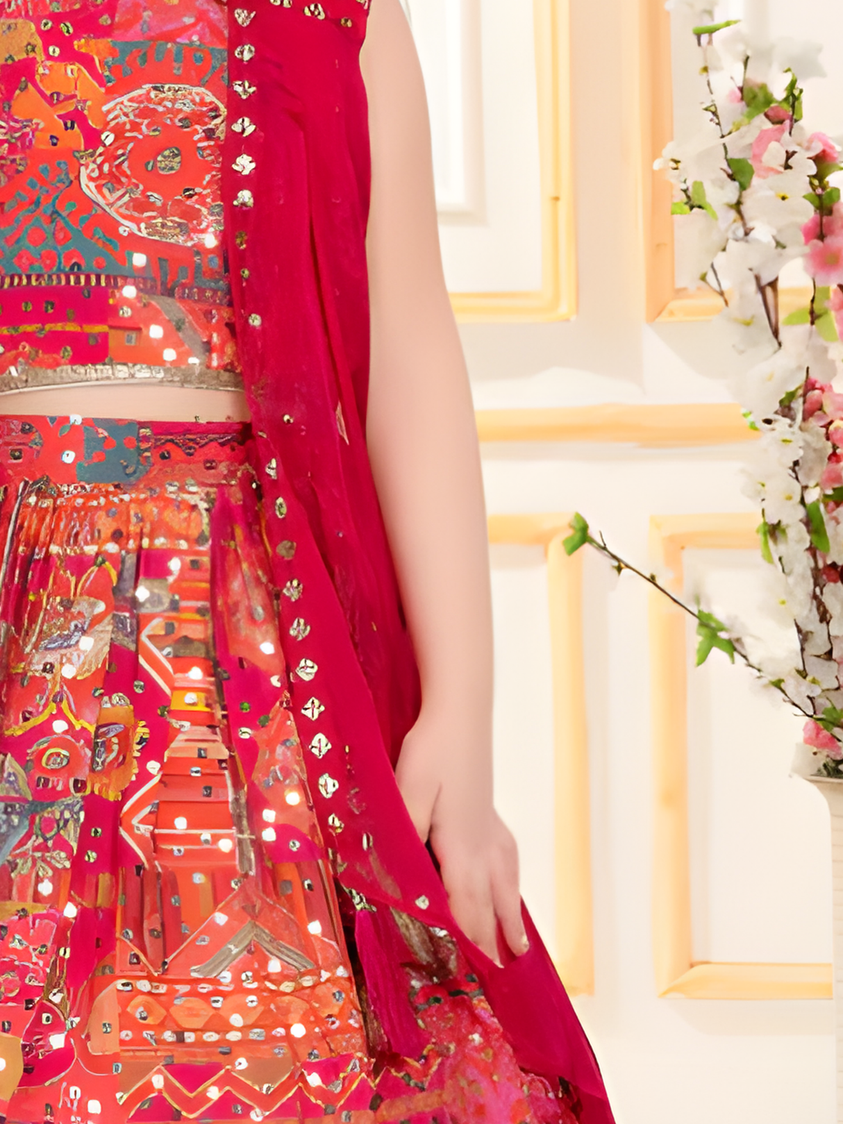 Girls' Hot Pink Patchwork Lehenga Set with Jacket
