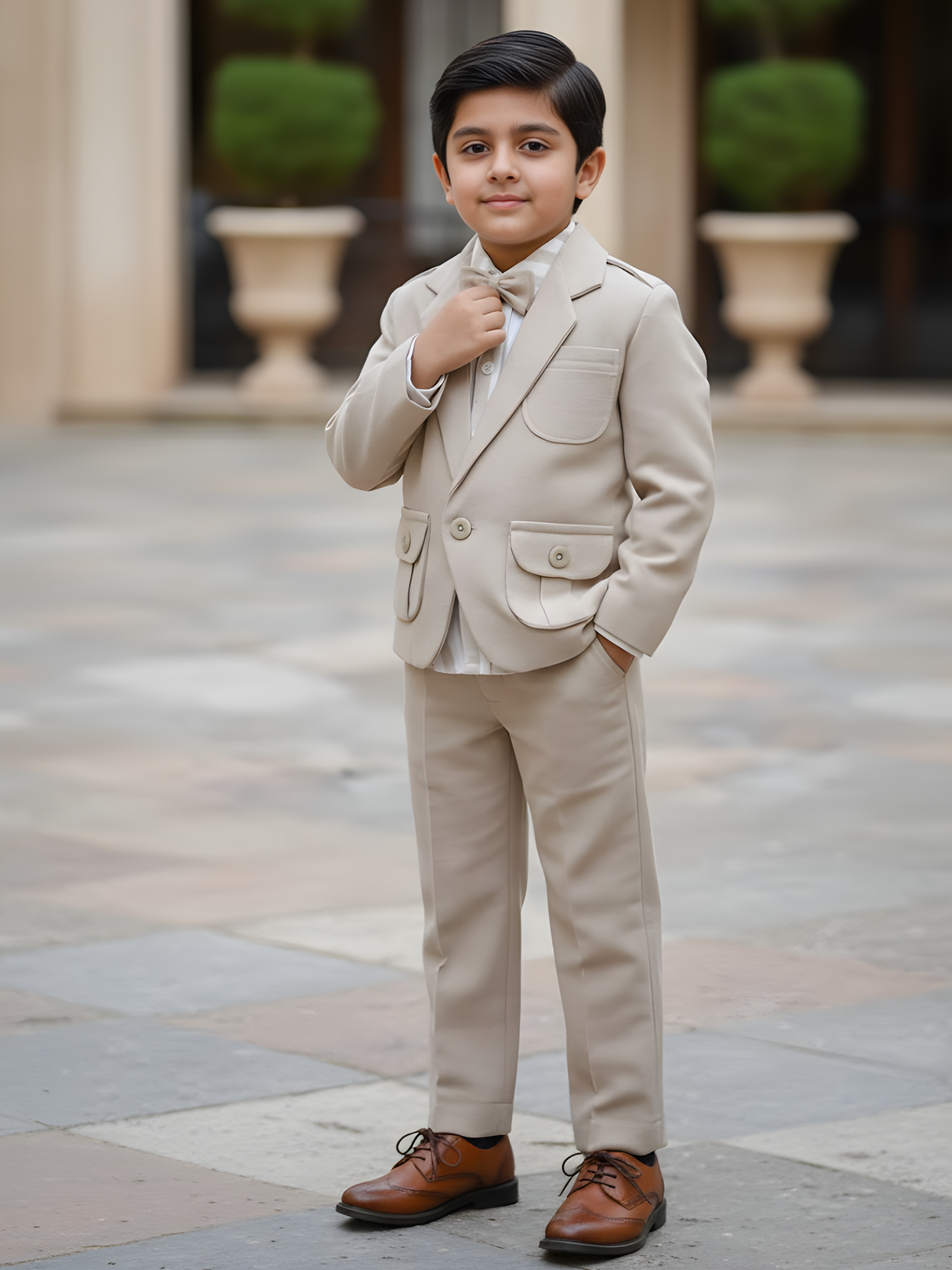 Boys' Premium Grey Safari-Style Coat Suit Set