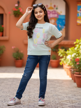 Girls' Pastel Light Blue Graphic Tee - "Cute Vibes" Casual Top