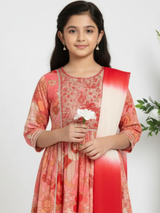Girls' Coral Peach Floral Print Garara Suit with Tiered Kurti & Dupatta