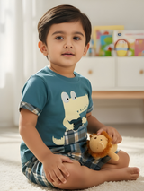 Boys’ Crocodile Print T-Shirt & Plaid Shorts Set – 2 Piece