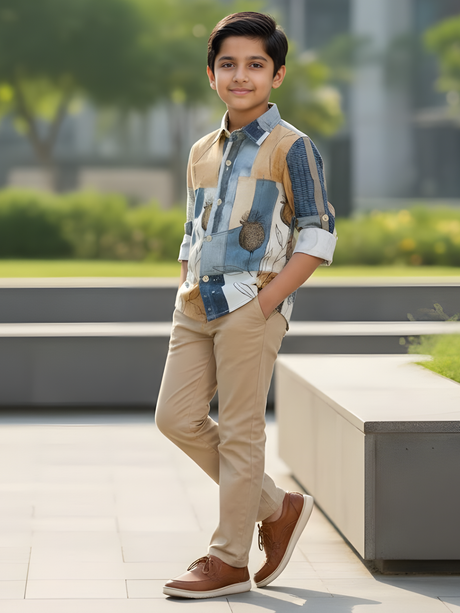 Boys Cream & Earth Tone Abstract Motif Casual Shirt