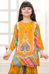 Girls' Vibrant Orange Multi-Color Printed Sharara Set