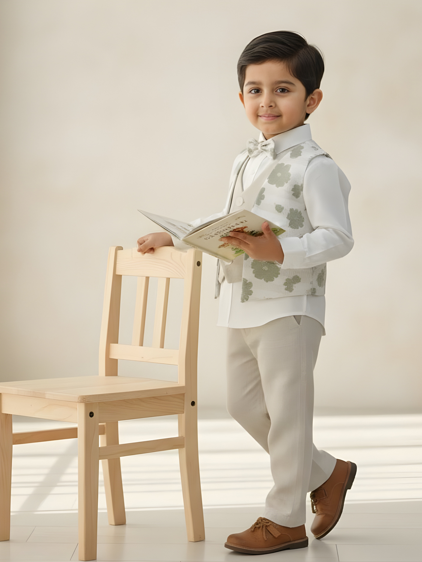 Boys' Cream Floral Waistcoat Set with Bow Tie - 4-Piece Formal Suit