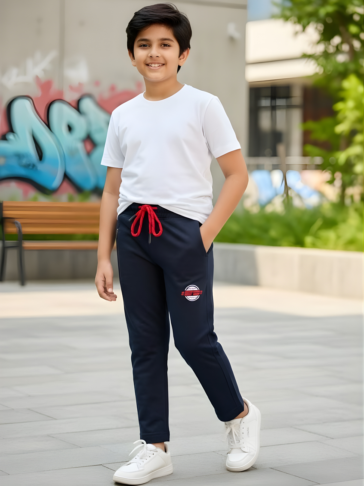Boys' Navy Blue Slim-Fit Track Pants with Contrast Red Drawstring