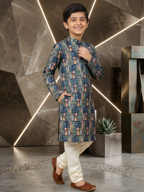Boys' Blue & Green Festive Figurative Print Kurta Pyjama Set.