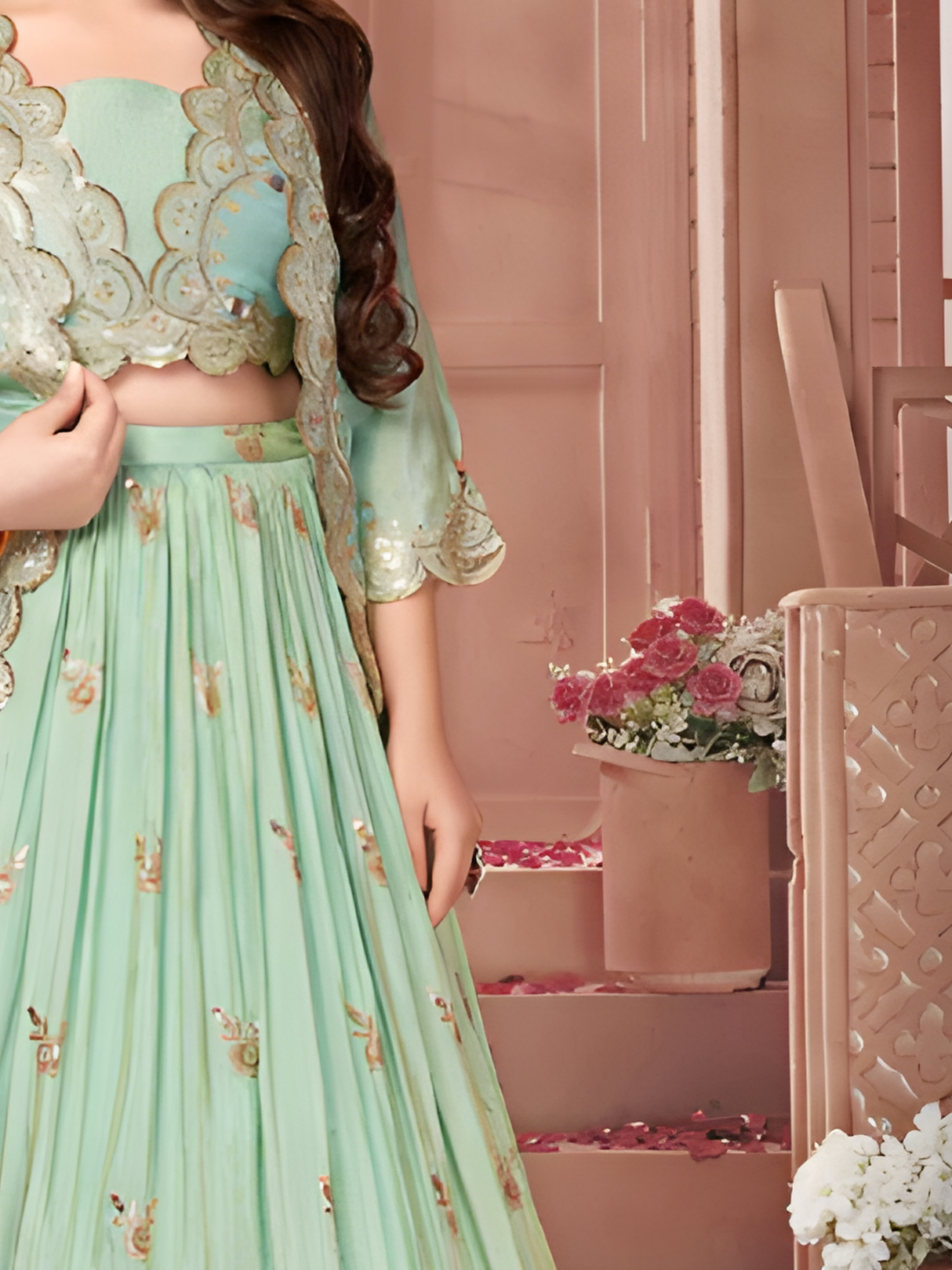 Girls' Aqua Blue Pre-Draped Ruffled Lehenga