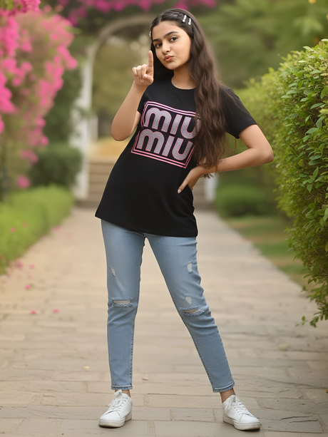Girls’ Miu Miu Inspired Graphic T-Shirt - Black