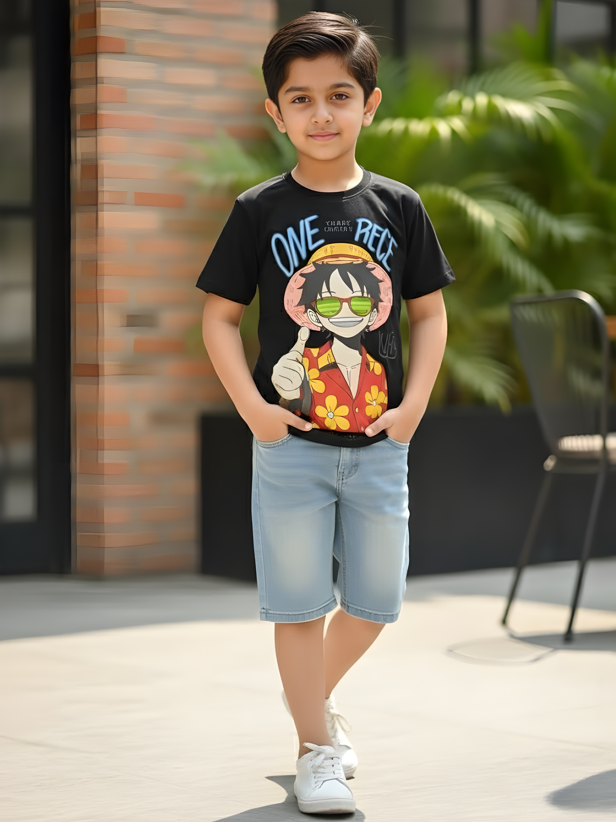 Boys' "One Piece" Inspired Anime Graphic T-Shirt - Black