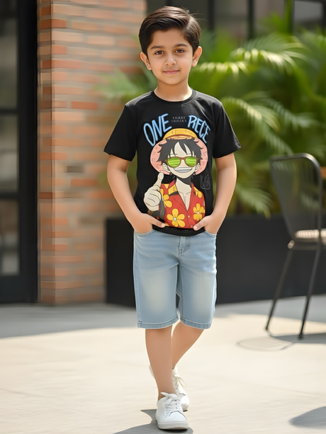 Boys' "One Piece" Inspired Anime Graphic T-Shirt - Black
