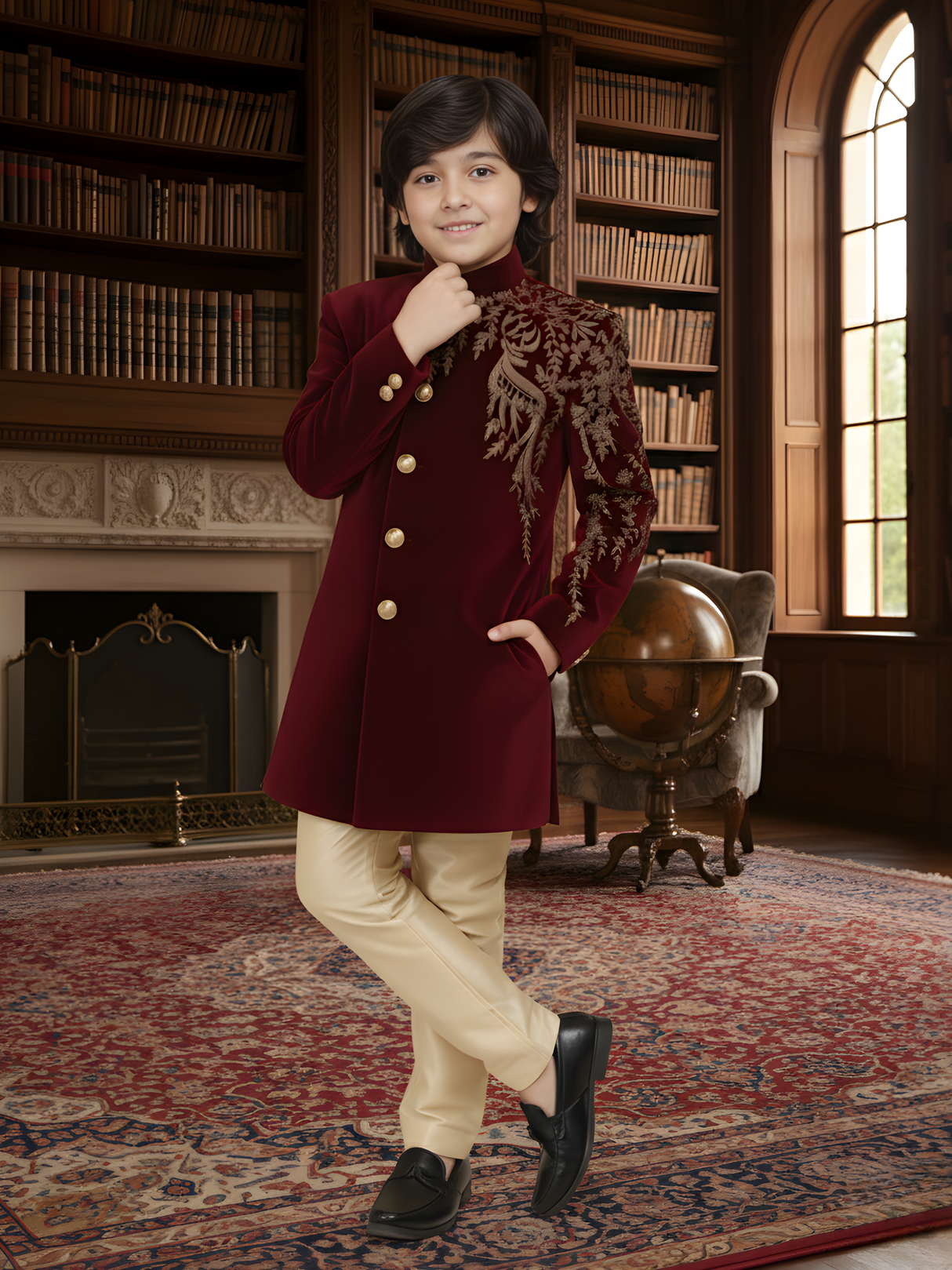 Boys' Maroon Velvet Indo-Western Sherwani with Gold Embroidery and Silk Trousers