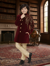 Boys' Maroon Velvet Indo-Western Sherwani with Gold Embroidery and Silk Trousers