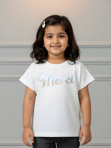 Girls White "Merci" Graphic Ribbed Tee