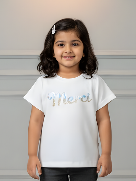 Girls White "Merci" Graphic Ribbed Tee