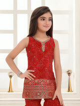 Girls' Red and Gold Bandhani Print Sharara Set with Sleeveless Kurta