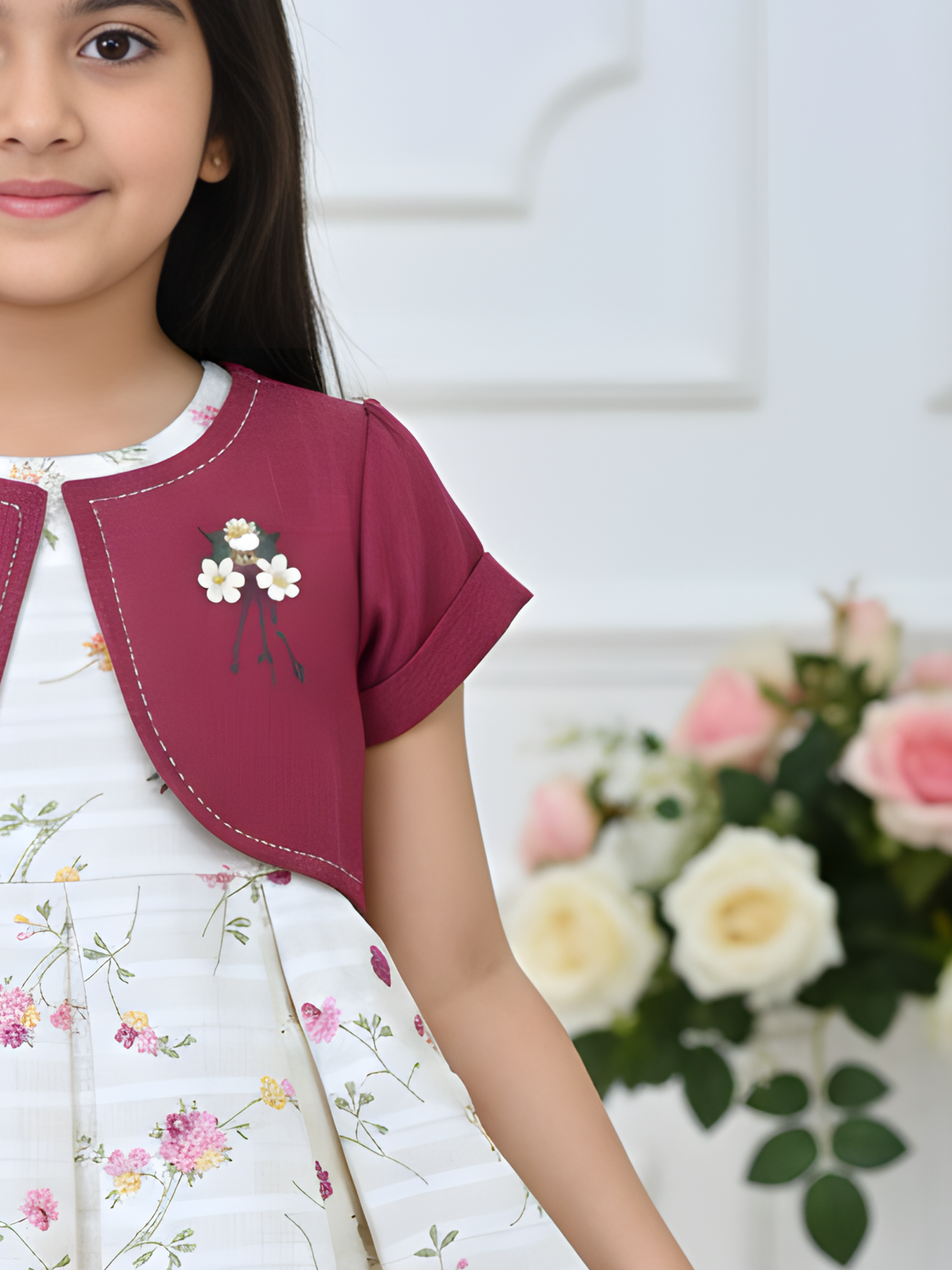 Chic Floral Frock Set with Embroidered Berry Pink Bolero Jacket