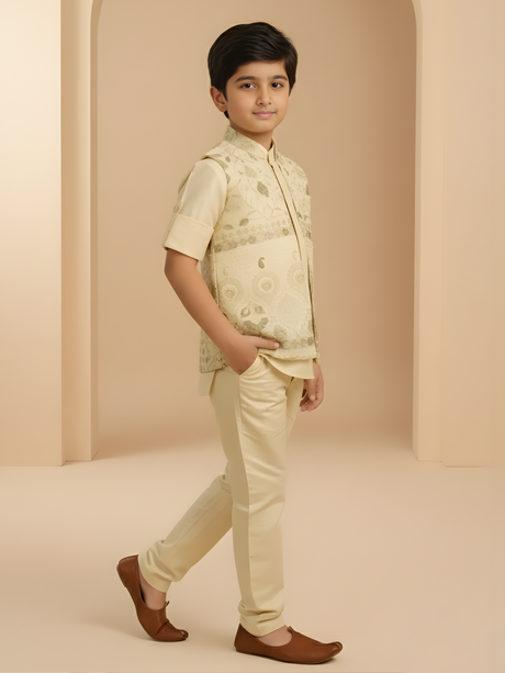 Boys Traditional Little Magic Printed Indo Western Kurta Set - Cream