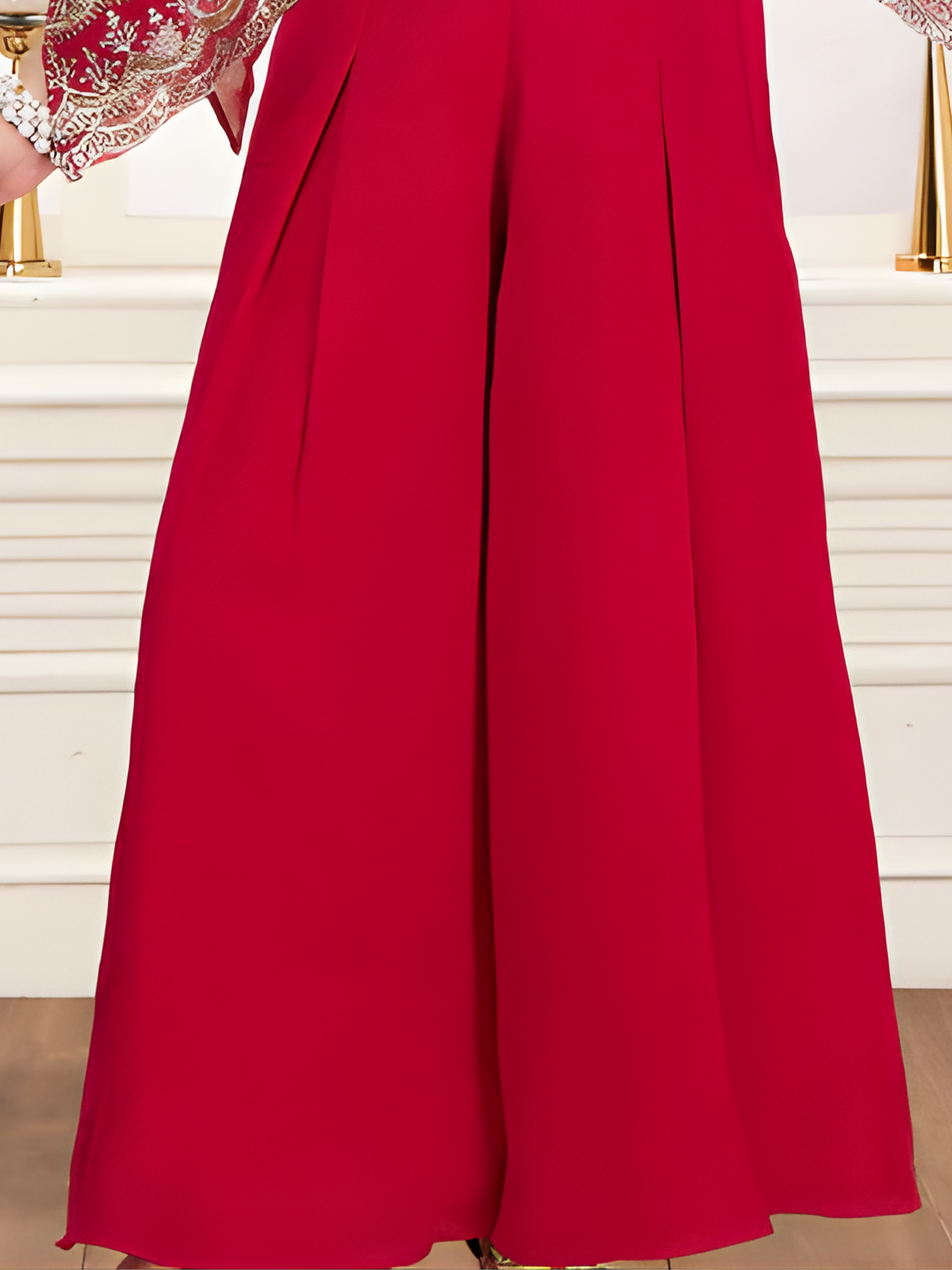 Girls' Festive Red Plazo Set with High-Neck Gold Embroidered Cape Top