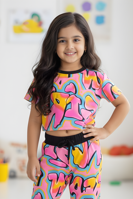 Girls Casual Printed Half Sleeves Track Pant Set - Pink