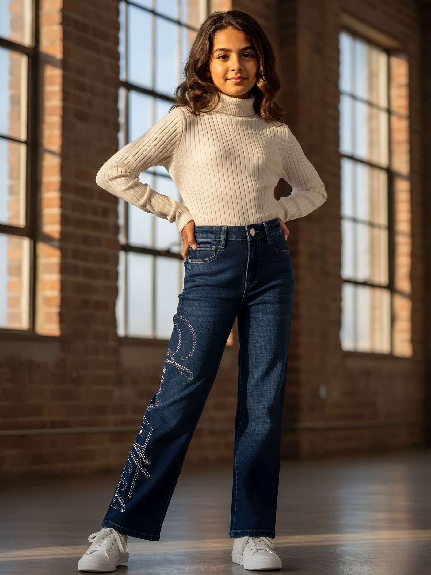 Girls' Blue Rhinestone Embellished Wide-Leg Jeans.