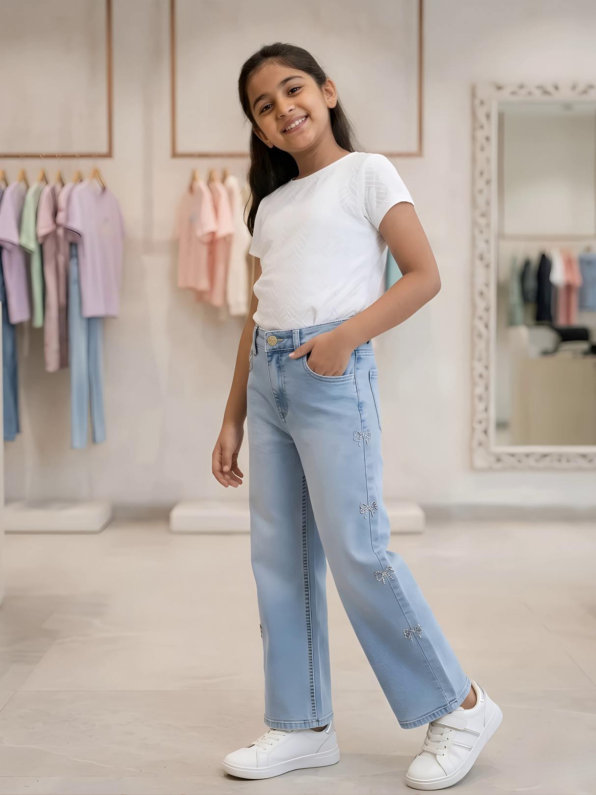 Girls Light Blue High-Rise Straight Fit Jeans with Bow Embroidery