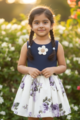 Navy & Cream Floral Cropped Top and Skirt Set for Girls