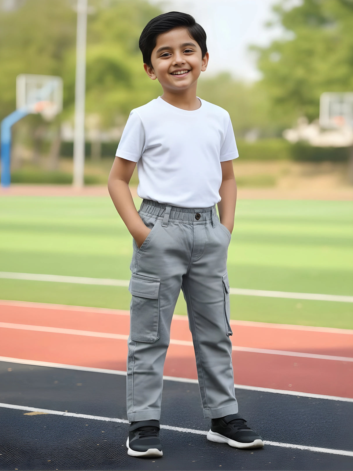 Boys Regular Fit Grey Cotton Cargo Pants